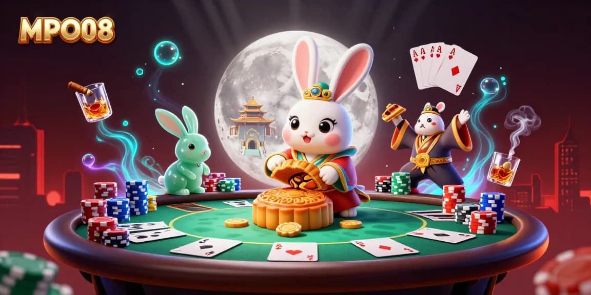 MPO08 showcases a whimsical illustration of a moon rabbit and poker elements celebrating magical casino moments.