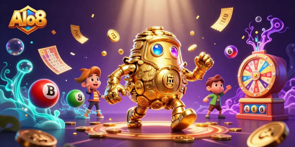 Engage with Alo8's thrilling atmosphere featuring a dynamic golden golem amidst colorful casino elements.