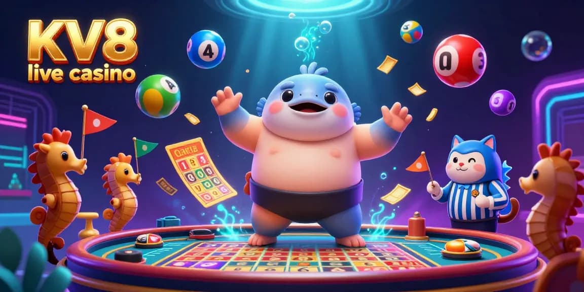 Experience the thrilling action of KV8 live casino with vibrant games, including roulette and bingo, in a dynamic 3D illustration.