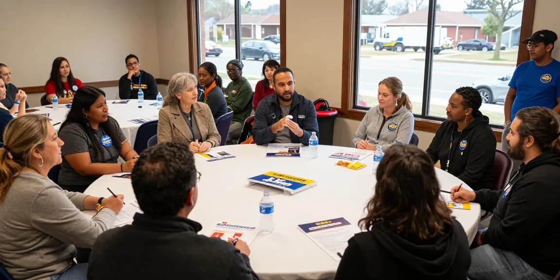 Casey Askar engaging with diverse community members in a political campaign meeting.