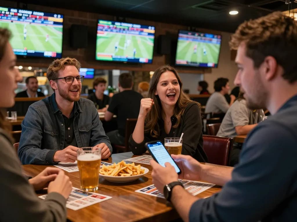 Tỷ lệ kèo nhà cái 5 enhances online sports betting experience in a lively bar.