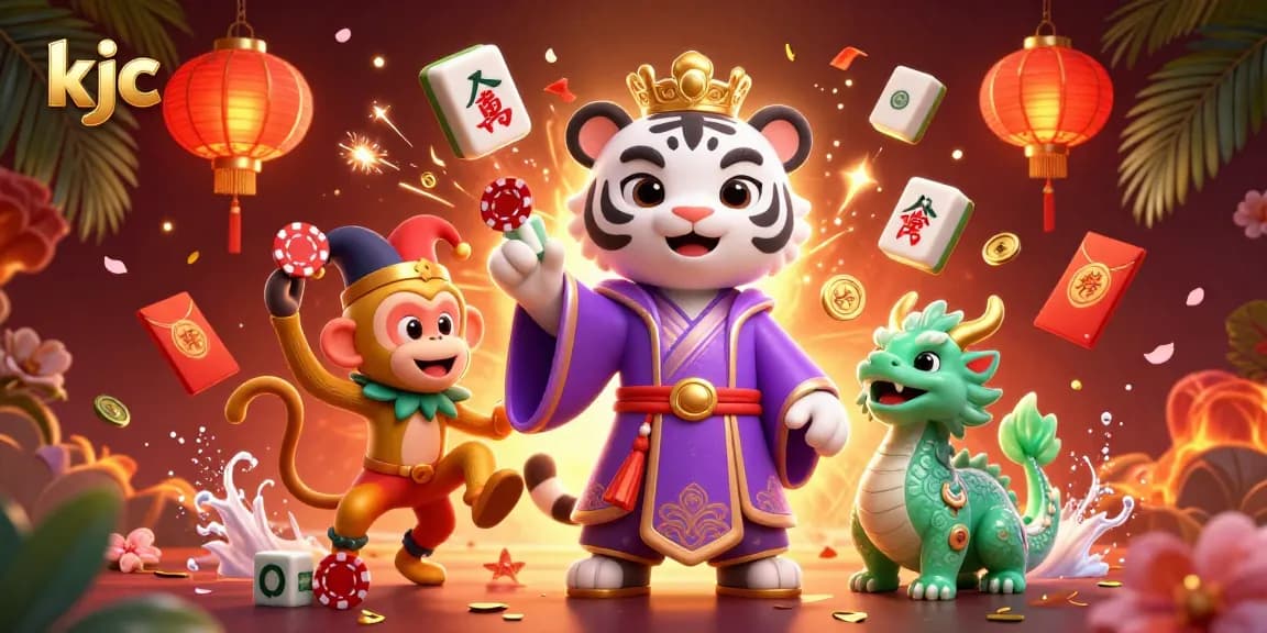 Kjc reveals spectacular casino celebration with an elegant white tiger, golden monkey juggling, and vibrant decorations.