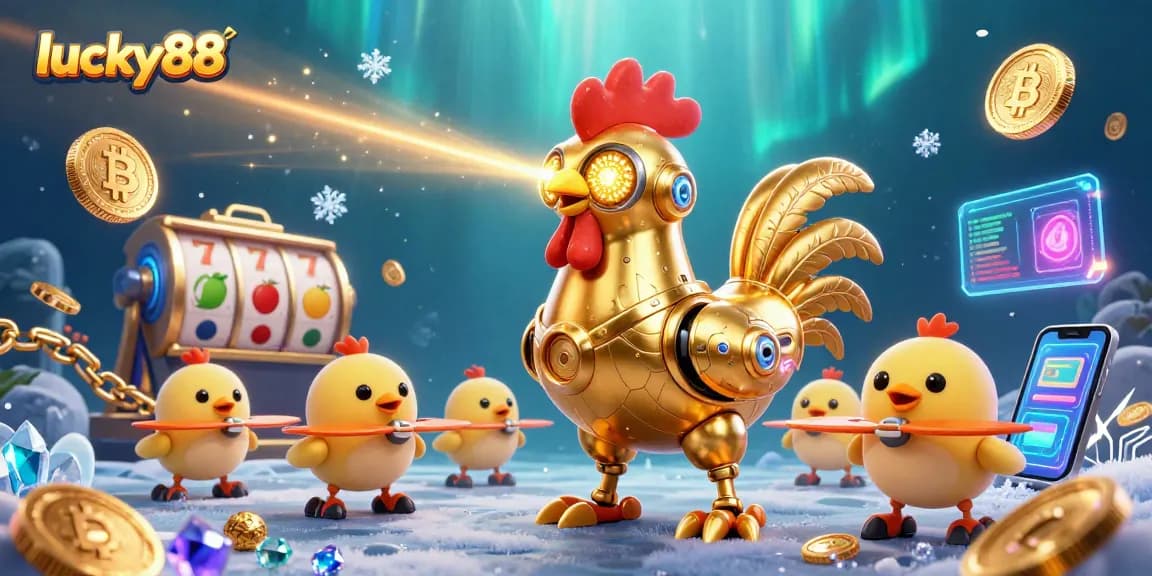 Engage with lucky88 in this vibrant casino-inspired scene featuring a golden rooster robot.