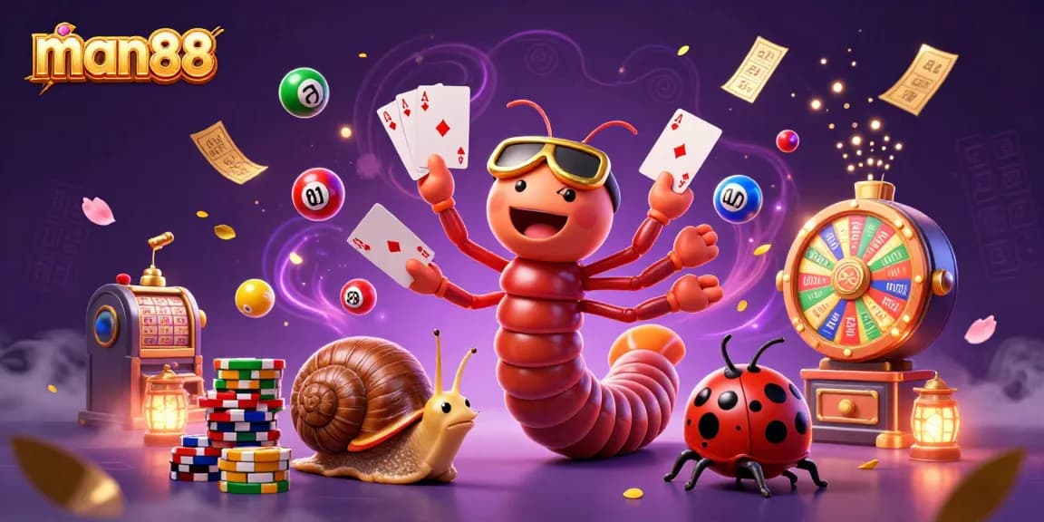Engage in thrilling man88 casino action where a millipede dealer fans cards amidst colorful lottery balls and festive confetti.