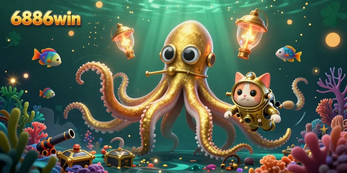 Experience thrilling gameplay with 6886win as a colossal kraken and diving cat explore underwater treasures in this vibrant illustration.