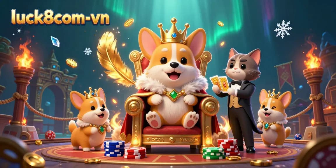 Experience immersive gaming at luck8com-vn with a rich 3D scene of a royal corgi and cat butler in a vibrant casino