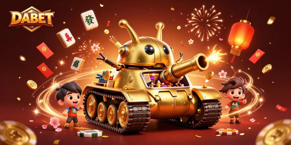 DABET offers an engaging experience with a 3D golden tank casino shooting confetti in a vibrant atmosphere.