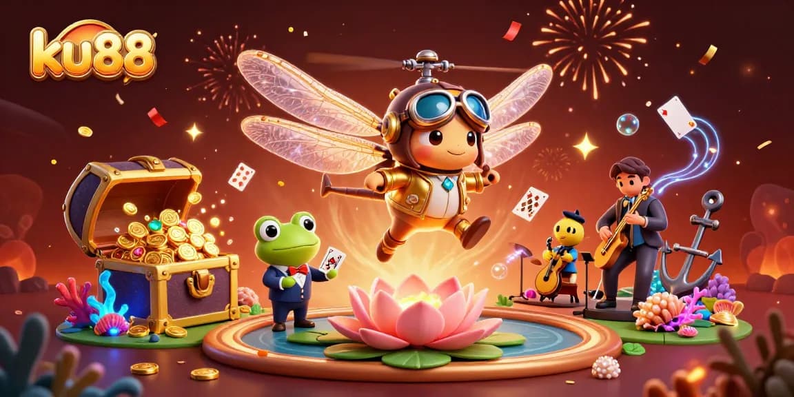 Engage with ku88's vibrant casino scene featuring a dragonfly pilot, frog dealer, and jazz musicians.