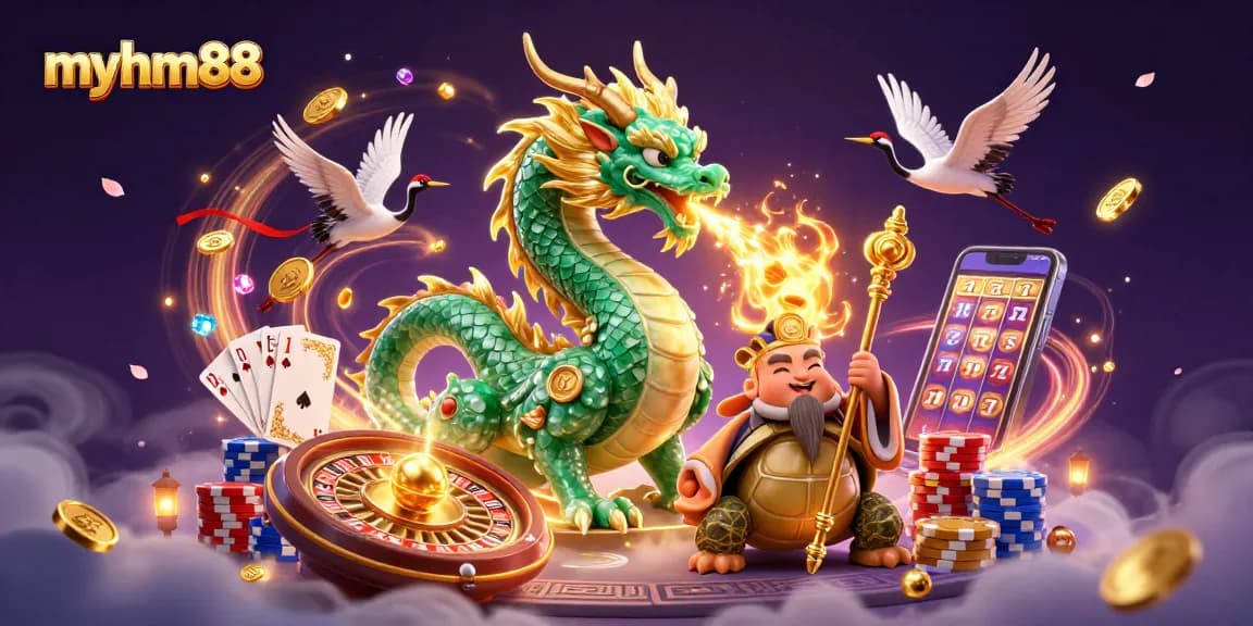 Experience thrilling gameplay at myhm88 with vibrant dragons, golden fire, and casino action!