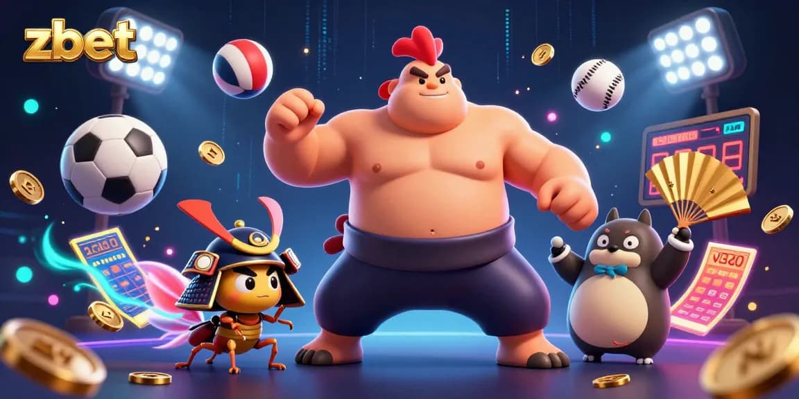Zbet sports betting scene featuring a powerful sumo rooster, a fierce cricket, and a tanuki announcer in dramatic action.