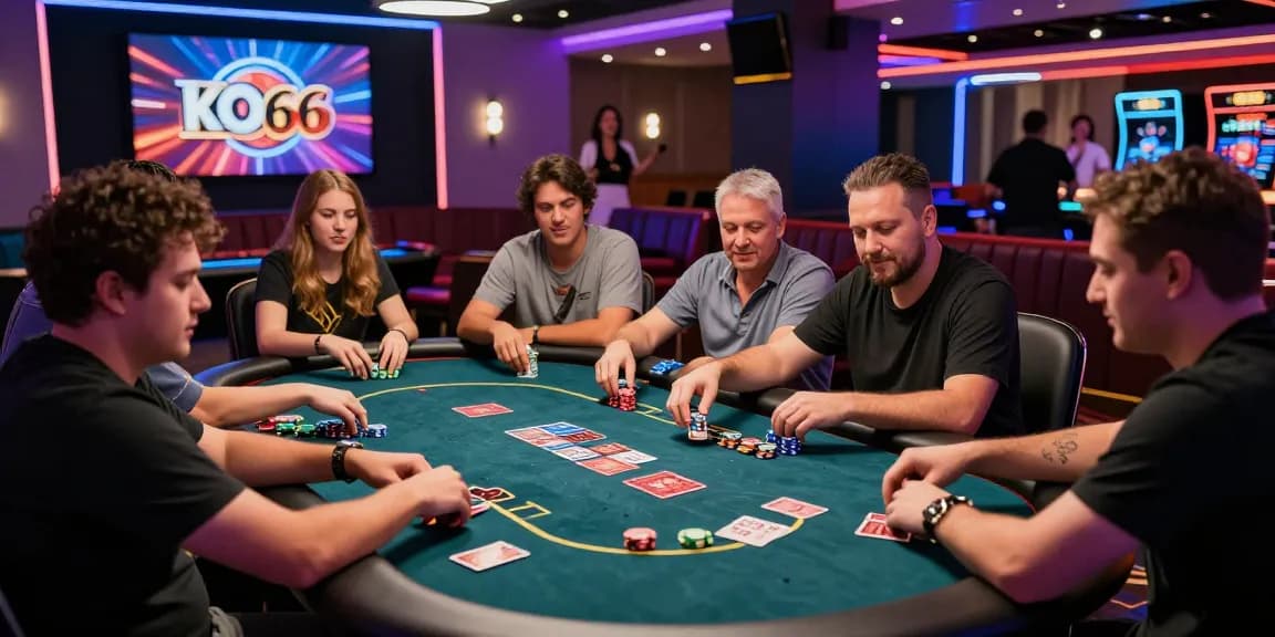Exciting KO66 casino scene with diverse players at a vibrant poker table, neon lights glowing.
