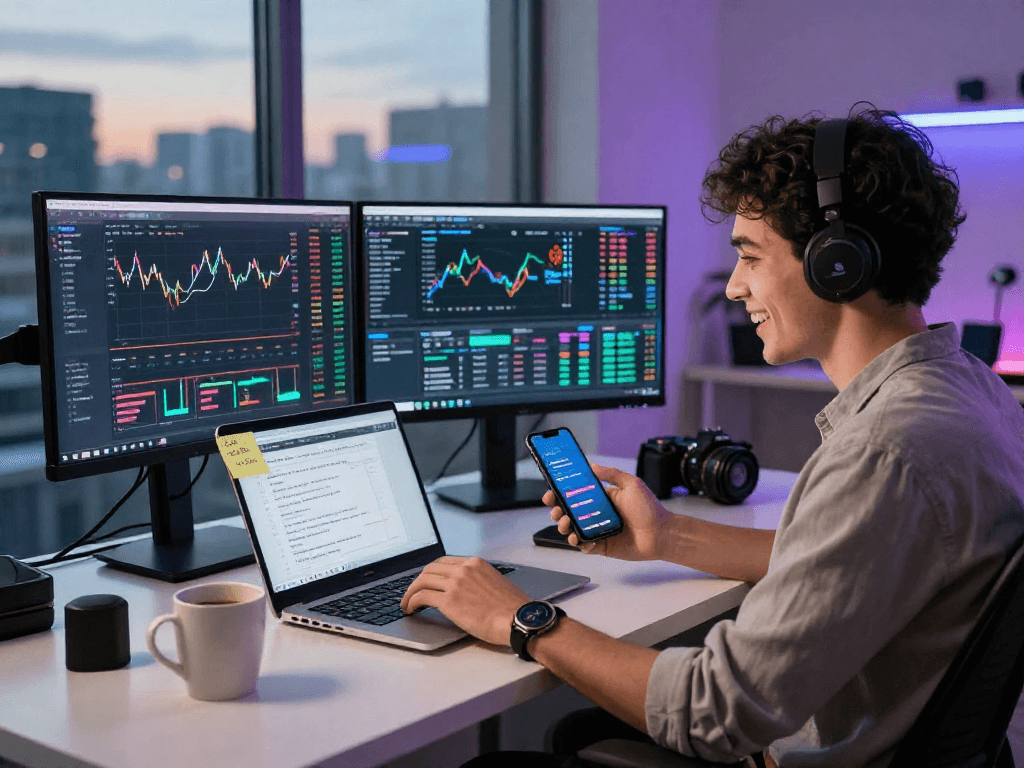 Un profesional entusiasta usando Immediate Edge en un entorno de trading digital.