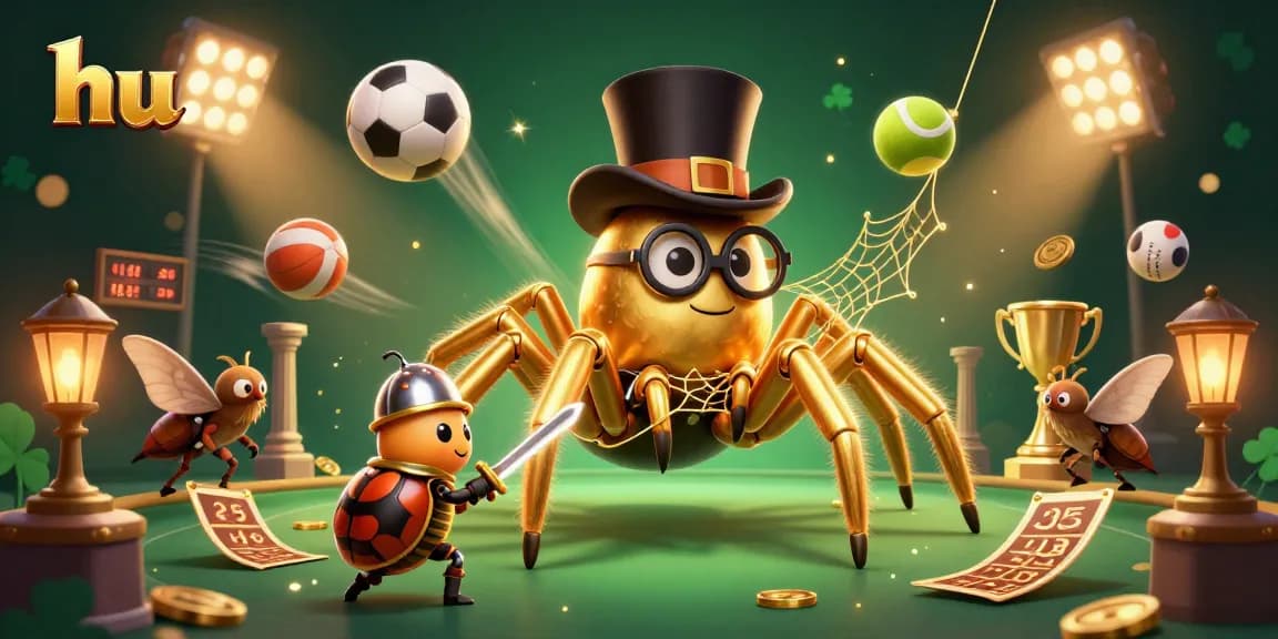 Engage with hu's dynamic casino atmosphere featuring a golden tarantula, knight, and sports elements.