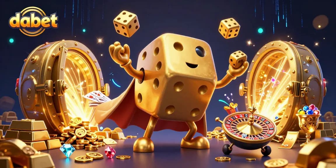dabet showcases an exciting 3D illustration featuring a golden dice golem surrounded by treasure and casino elements.
