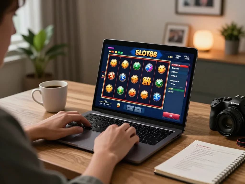 SLOT88 online gaming session with player focused on vibrant slot machine reels and strategy notebook.