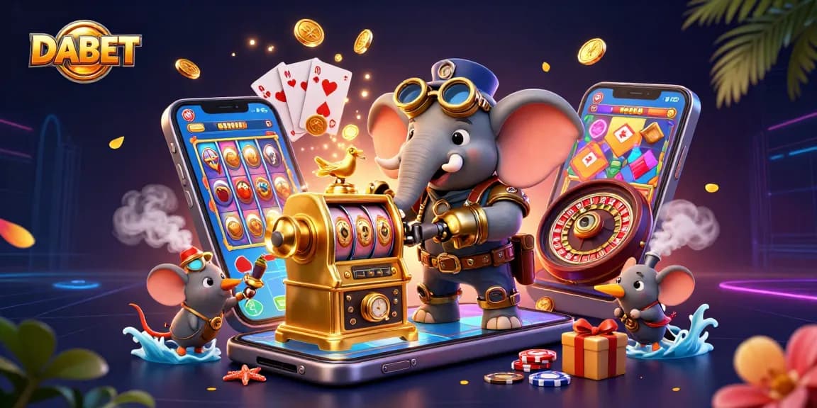 DABET's dynamic steampunk casino scene showcasing an elephant engineer at a golden slot machine, surrounded by exciting gaming elements.