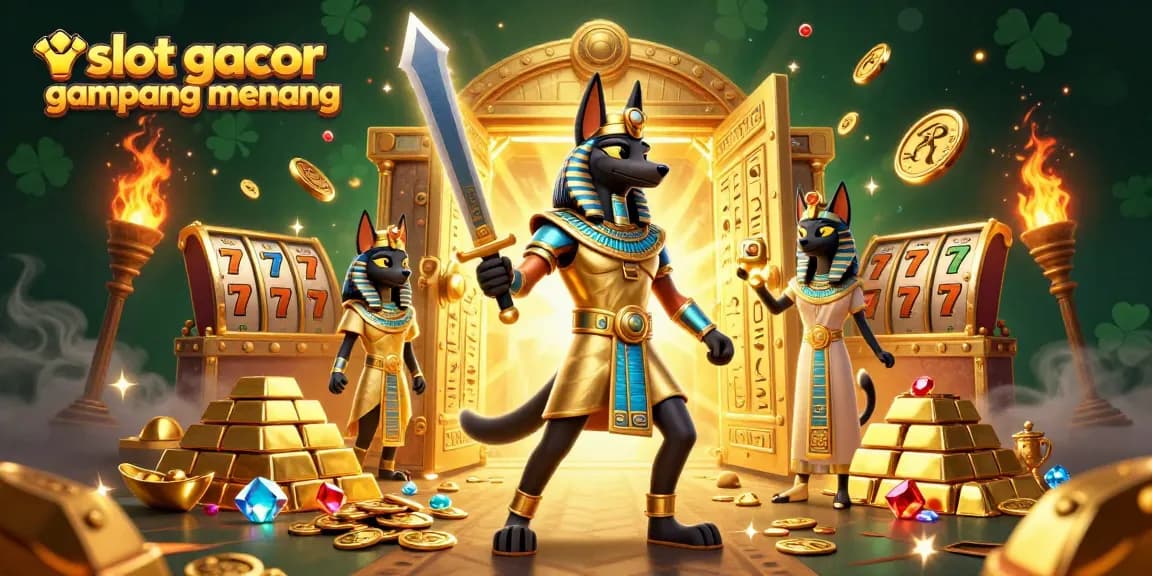 Win big with slot gacor gampang menang set in a rich, vibrant Egyptian-themed digital art scene.