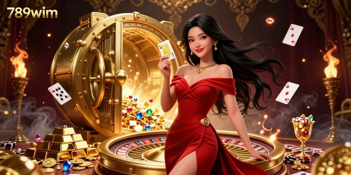 Engage with 789wim through a vibrant illustration featuring luxurious casino elements and a confident player amidst stunning visuals.