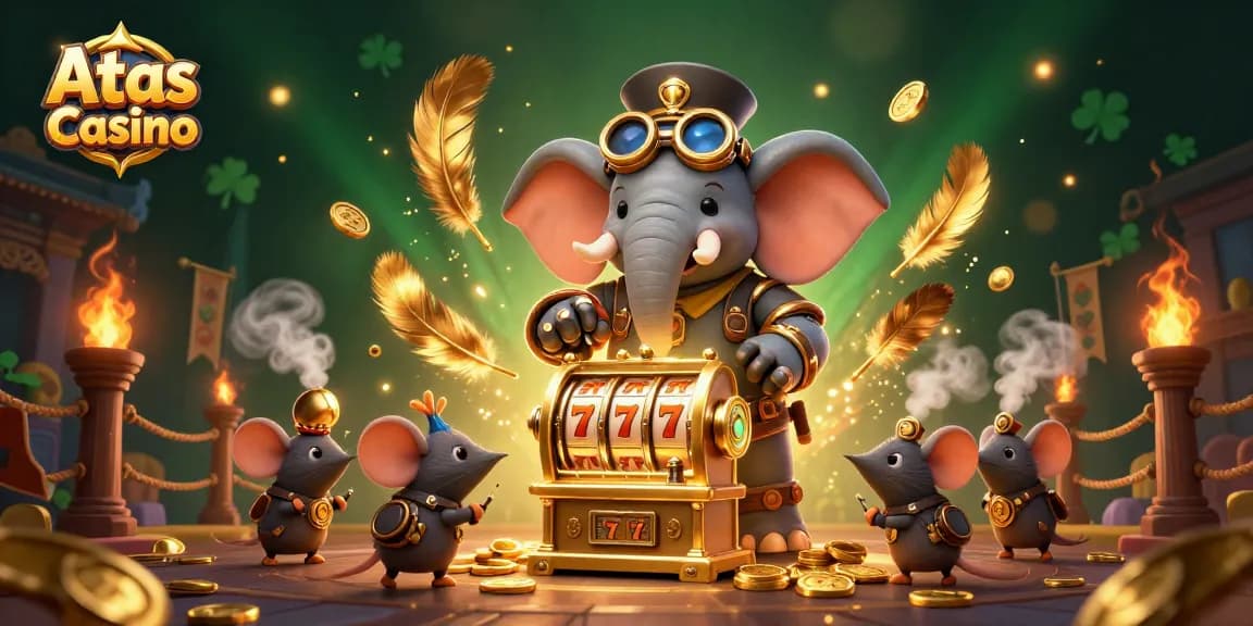 Experience exciting gameplay at Atas Casino with a dynamic scene featuring steampunk characters and slot machines.