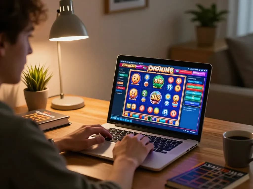 Engaging scene of online gaming experience with nego77 daftar on a laptop, illustrating responsible gaming atmosphere