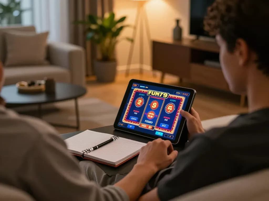 Engaging online gaming experience at home with the FUN79 link visible on tablet screen.