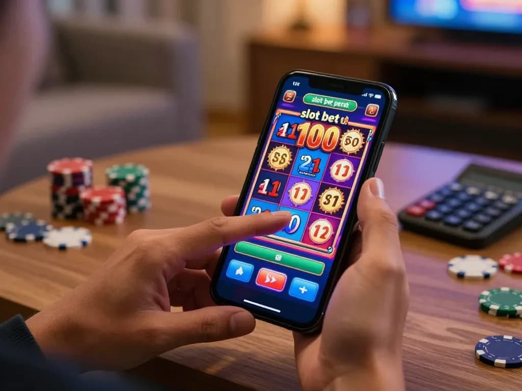 Engaging hands pressing the spin button on a smartphone displaying slot bet 100 perak during an online gaming session.
