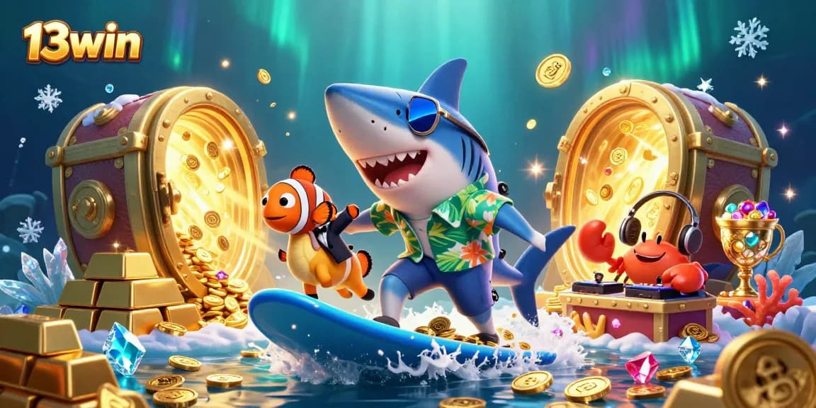 Surf the waves of fortune with 13win's vibrant casino illustration featuring a shark, seahorse, and crab DJ.