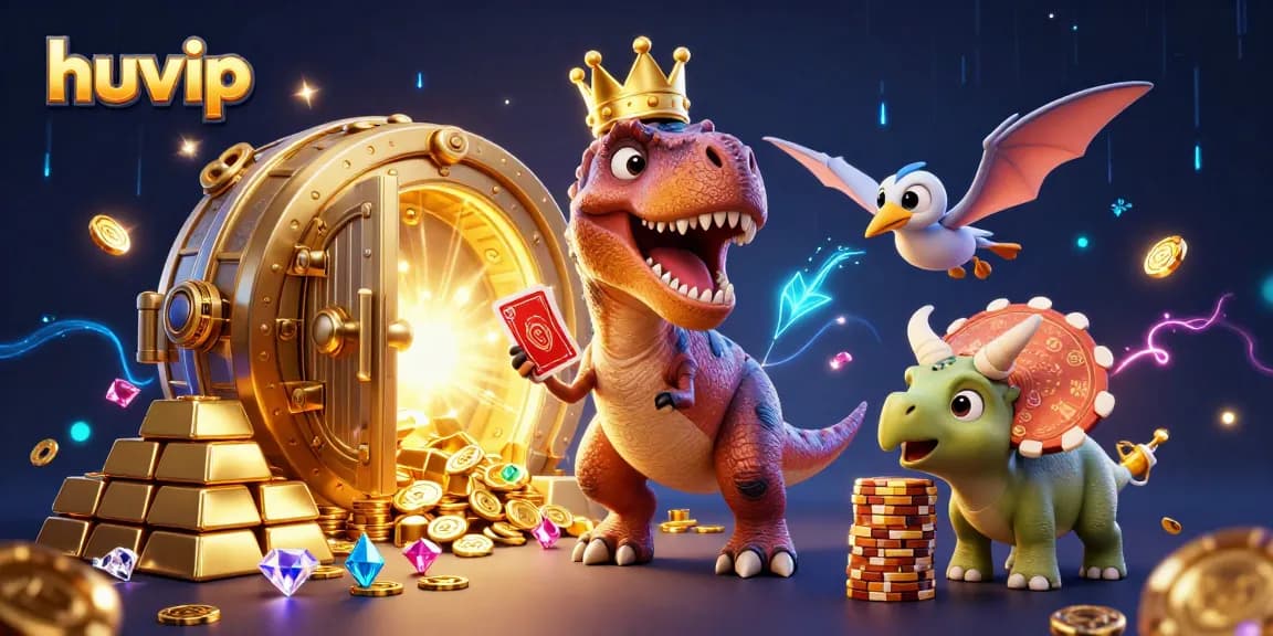 Experience thrilling gameplay at huvip with a friendly T-Rex and vibrant casino elements.