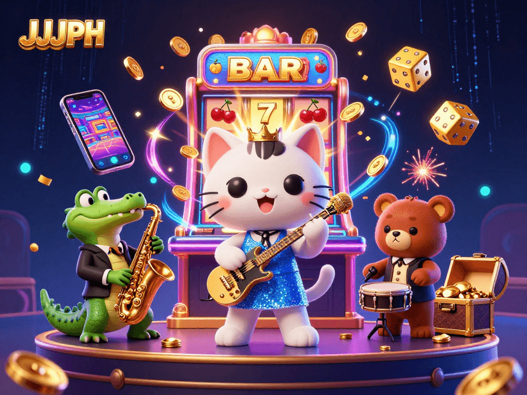 Experience JJJPH excitement with a vibrant cartoon scene showcasing casino elements and characters.
