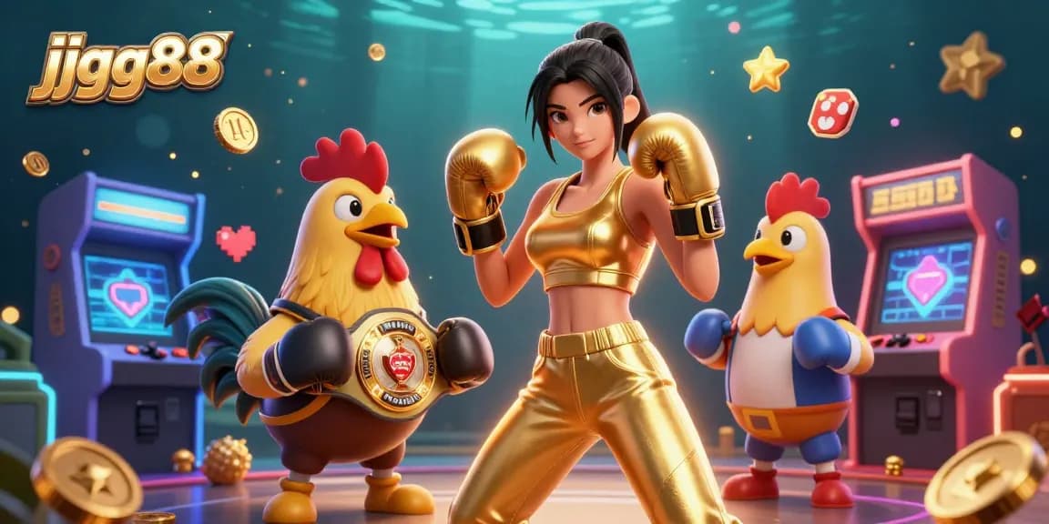 Engage with jjgg88 as a champion woman and rooster battle for prizes in a vibrant casino scene.
