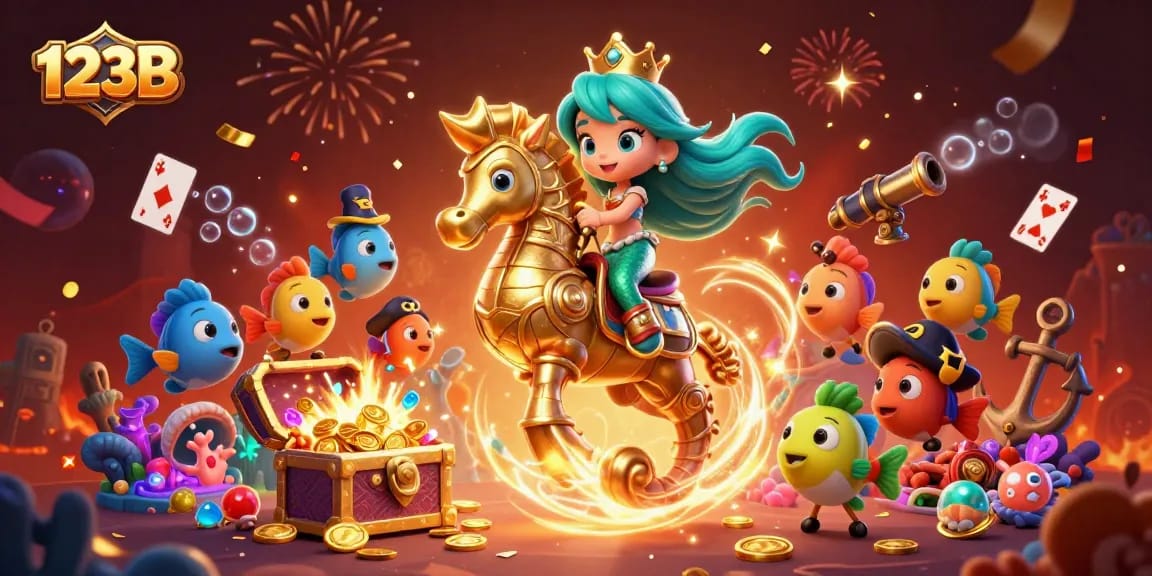Experience thrilling wins at 123B as the mermaid princess rides the seahorse, amidst treasure!