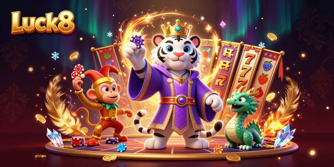 Luck8 illustrates a vibrant casino scene with a cartoon tiger, monkey, and dragon amidst slot reels and gold coins.
