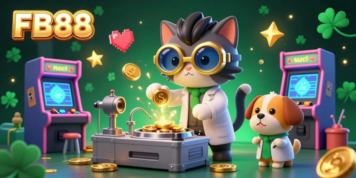 Engaging scene of a mad scientist cat in a lab creating coins, representing FB88's dynamic gaming environment.