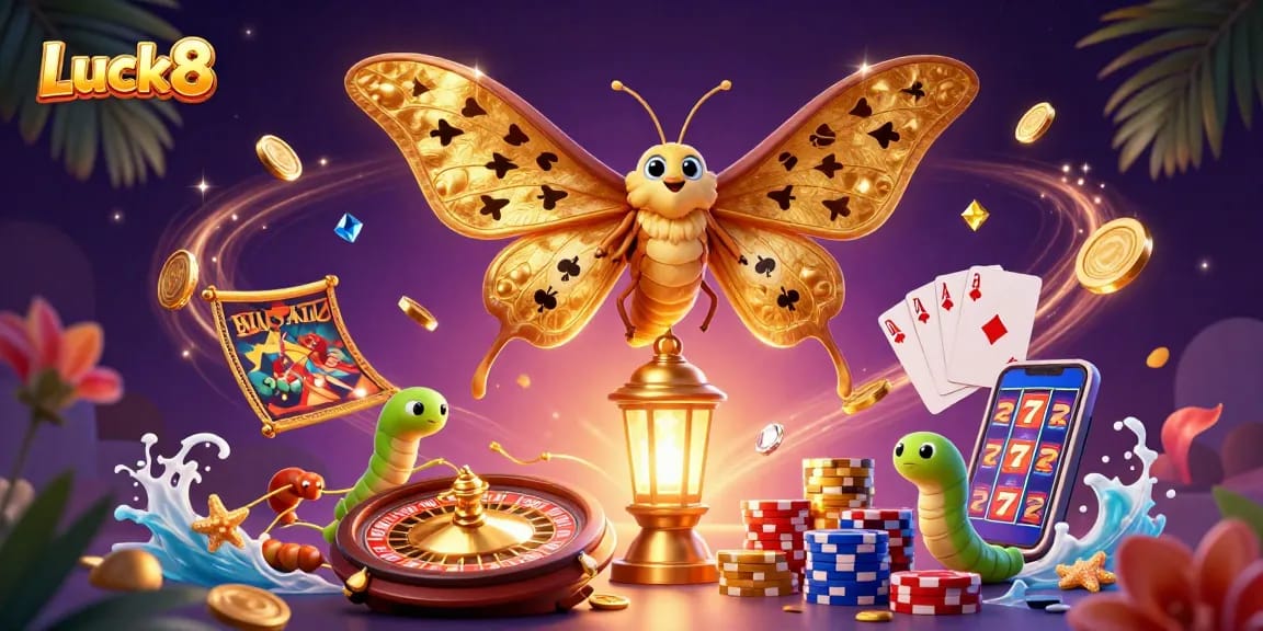 Experience Luck8 with vibrant casino scenes highlighted by golden coins, a roulette wheel, and colorful poker chips.