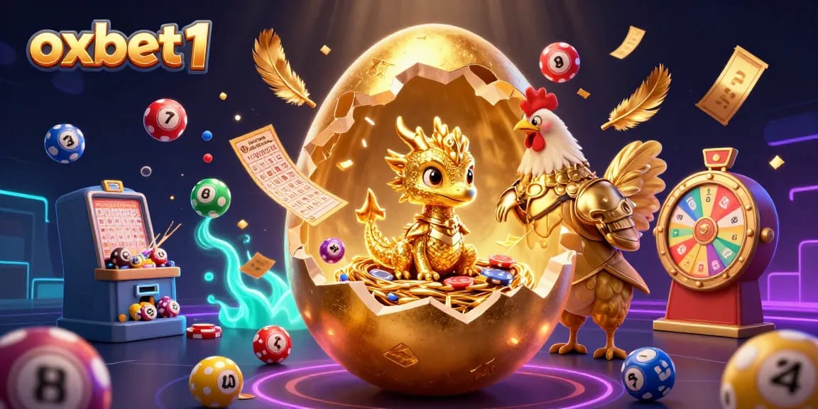 Immerse in the vibrant world of oxbet1, featuring a golden dragon atop a poker chip nest amidst lottery and gaming elements.