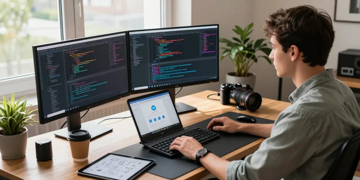 Telegram Download showcased in a modern tech workspace with coding monitors and a sleek desk setup.