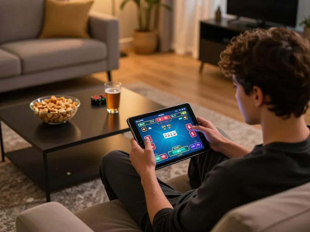 Engaging with f8betz poker game on a tablet, cozy home setting with ambient lighting.