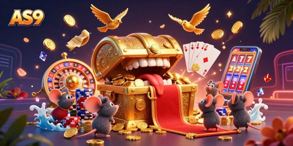 Engage with AS9's thrilling adventure, featuring a treasure chest and casino elements, attracting adventurous players.