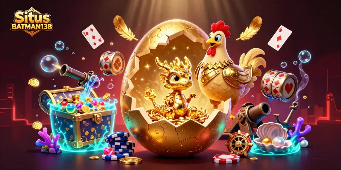 Situs BATMAN138 showcases a vibrant 3D illustration of riches and gaming excitement with a stunning golden dragon.