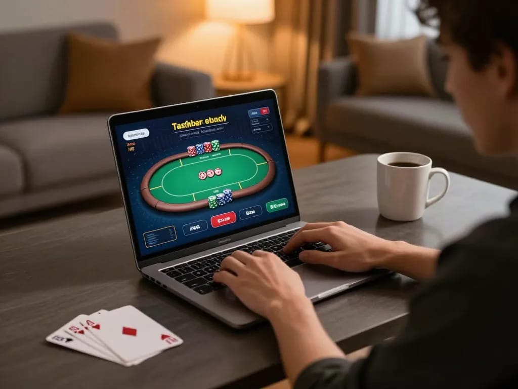 Experience exciting online gambling at GG88 with poker gameplay on a laptop