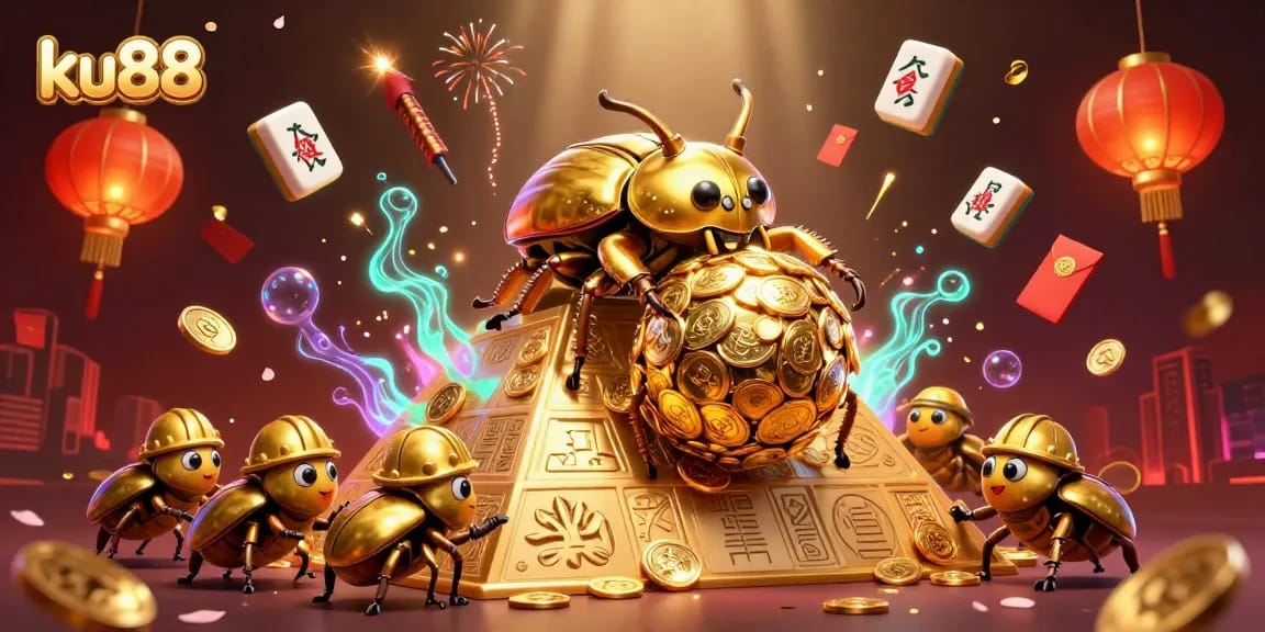 Experience thrilling entertainment with ku88, as golden dung beetles push coins in a vivid casino landscape.