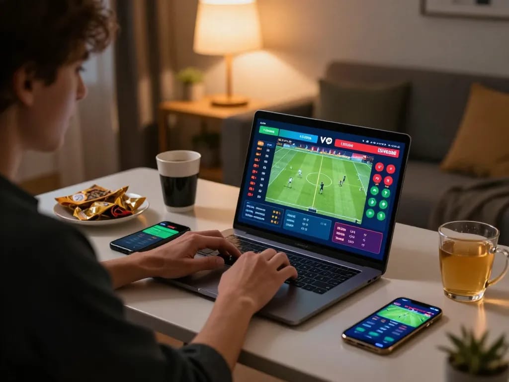 Engaged user navigating sports betting on keobongda site with laptop and snacks in a cozy setting.