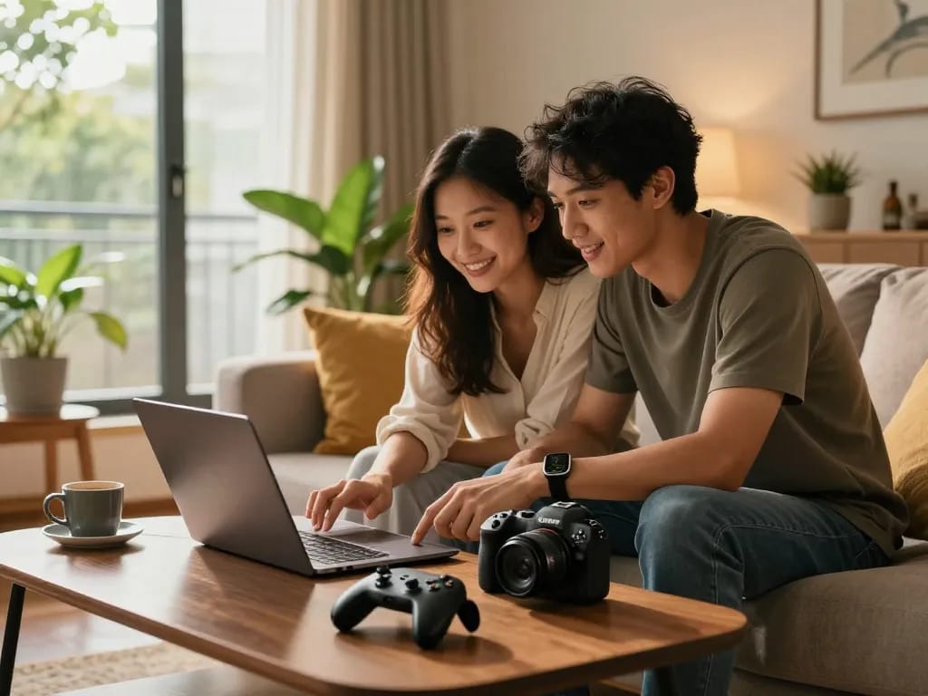 Couple exploring affordable tech gadgets in a cozy living room setting, featuring Bluetooth devices.