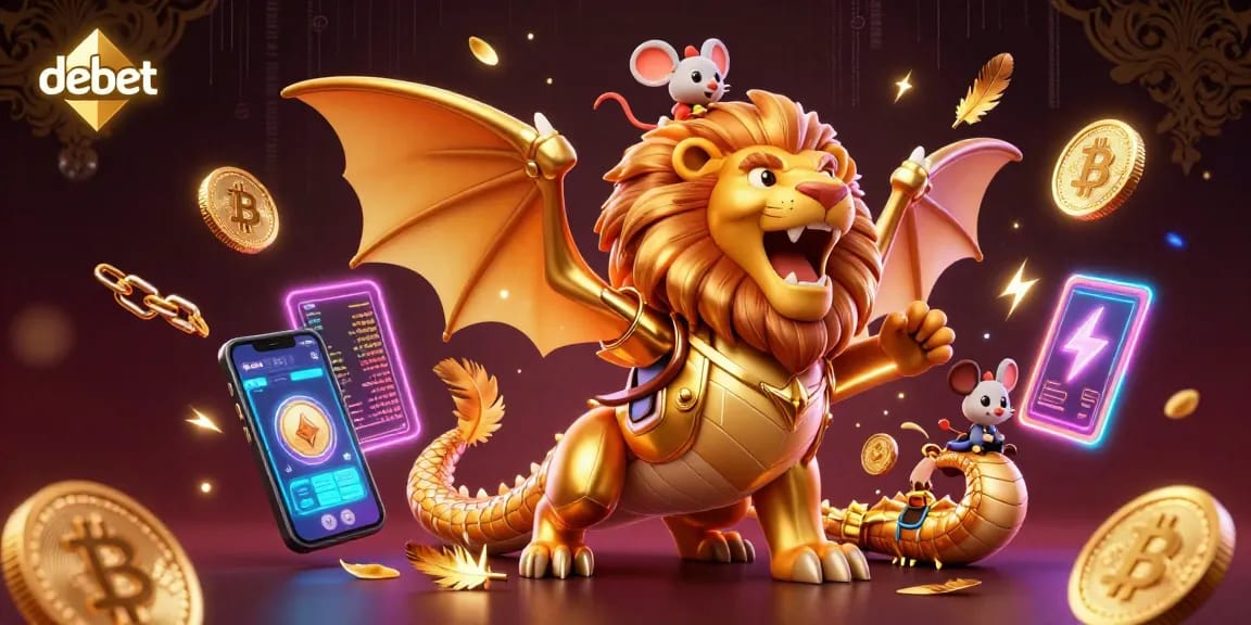Join the winning adventure at debet with a golden chimera and crypto elements in an epic casino scene.