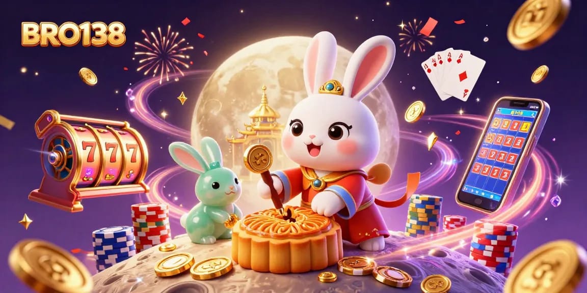 BRO138 features a whimsical moon rabbit creating golden mooncakes revealing poker chips, celebrating with gaming elements.