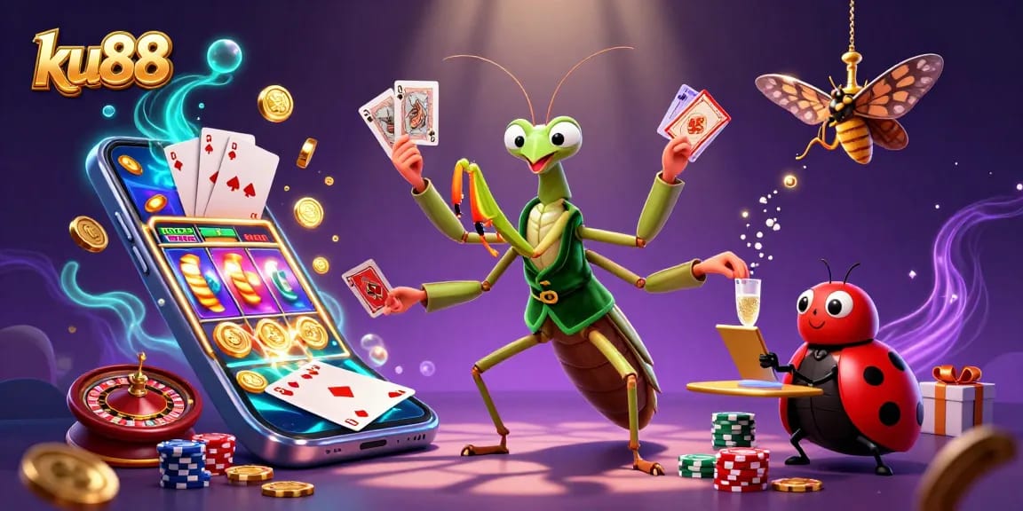 ku88 – Celebrate big wins with vibrant casino-themed artwork featuring a lively mantis and ladybug.