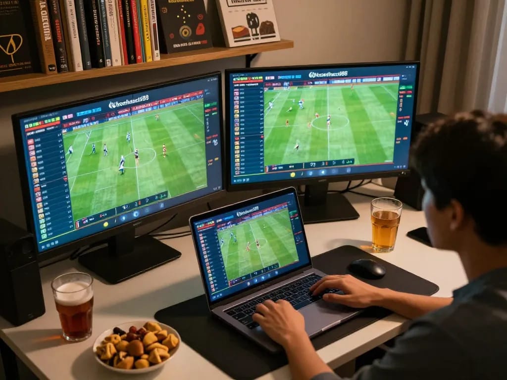 Engaging online sports betting moment using keonhacaii88 on a laptop, with screens showing live match odds