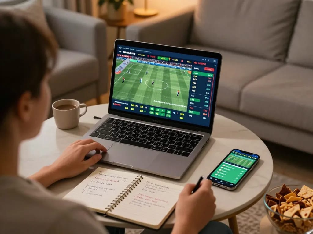 Person engaging with online sports betting on laptop, featuring 58wiin interface and strategy notes.