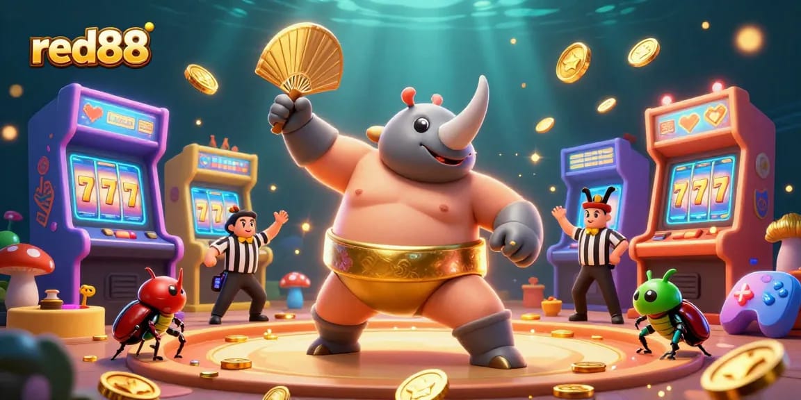 Win with red88 in a vibrant 3D casino scene featuring a beetle champion and exciting game elements.