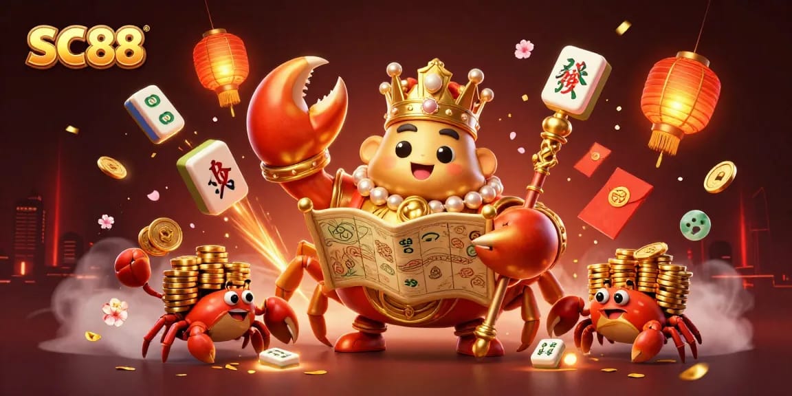 SC88 showcases a vibrant casino illustration featuring a golden crab emperor with treasure map and hermit crabs.